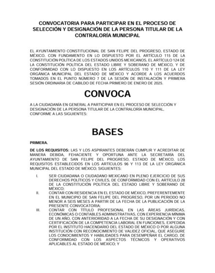 CONVOCATORIA PARA PARTICIPAR EN EL PROCESO DE SELECCIÓN Y DESIGNACIÓN DE LA PERSONA TITULAR DE LA CONTRALORÍA MUNICIPAL
