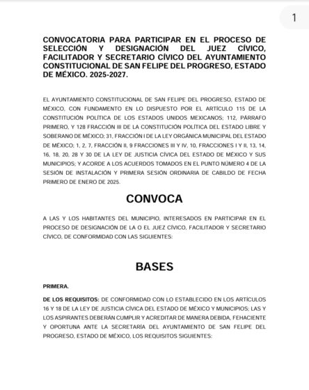 CONVOCATORIA PARA PARTICIPAR EN EL PROCESO DE SELECCIÓN Y DESIGNACIÓN DEL JUEZ CÍVICO, FACILITADOR Y SECRETARIO CÍVICO DEL AYUNTAMIENTO